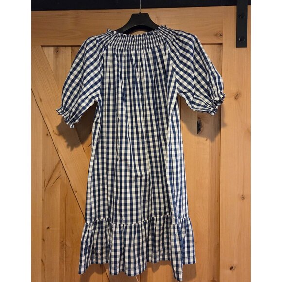 Lake Pajamas Size S Blue Gingham Check Cotton Smocked MIDI Dress Peplum Hem - Picture 2 of 13